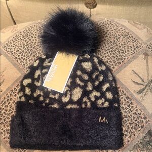 Michael Kors Black and Cream Leopard Beanie